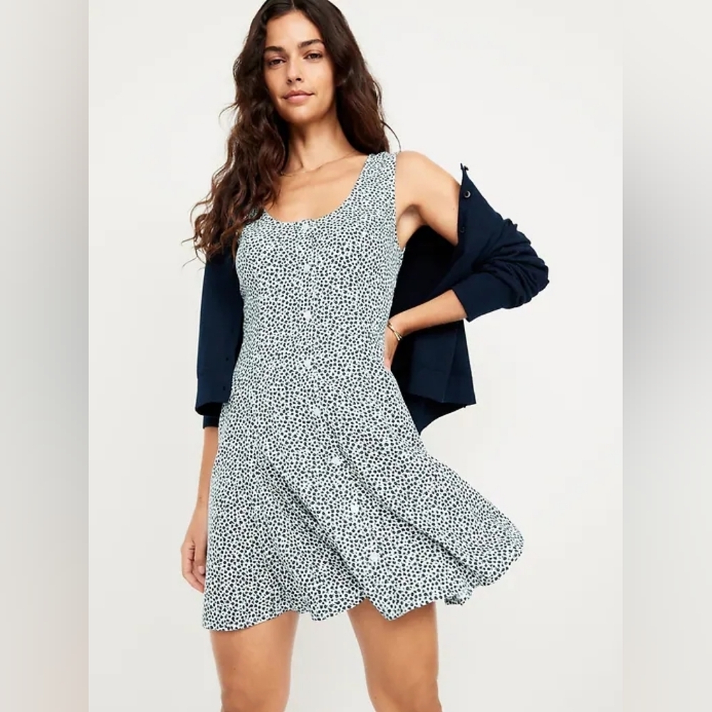 Fit & Flare Crepe Button-Front Mini Dress  Black and White Ditsy Floral Dress